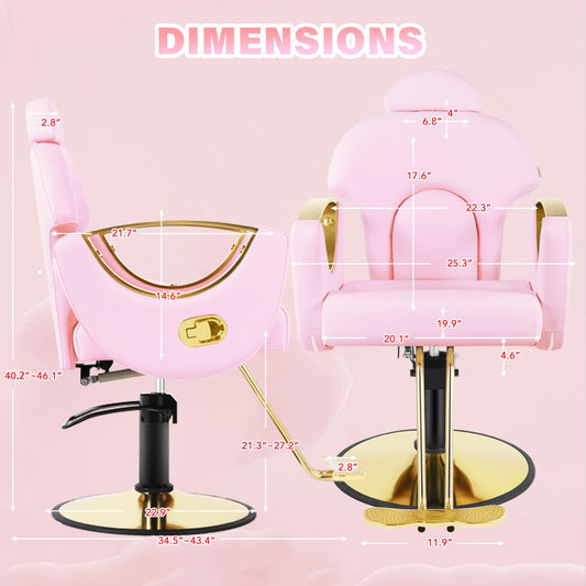 Salon Barber Chair, Reclining Salon Chair for Hair Stylist, Hair Chairs with Heavy Duty Hydraulic Pump, 360 Degrees Swivel Styling Braiding Hairdresser Chair for Home Barbershop, Light Pink Gold