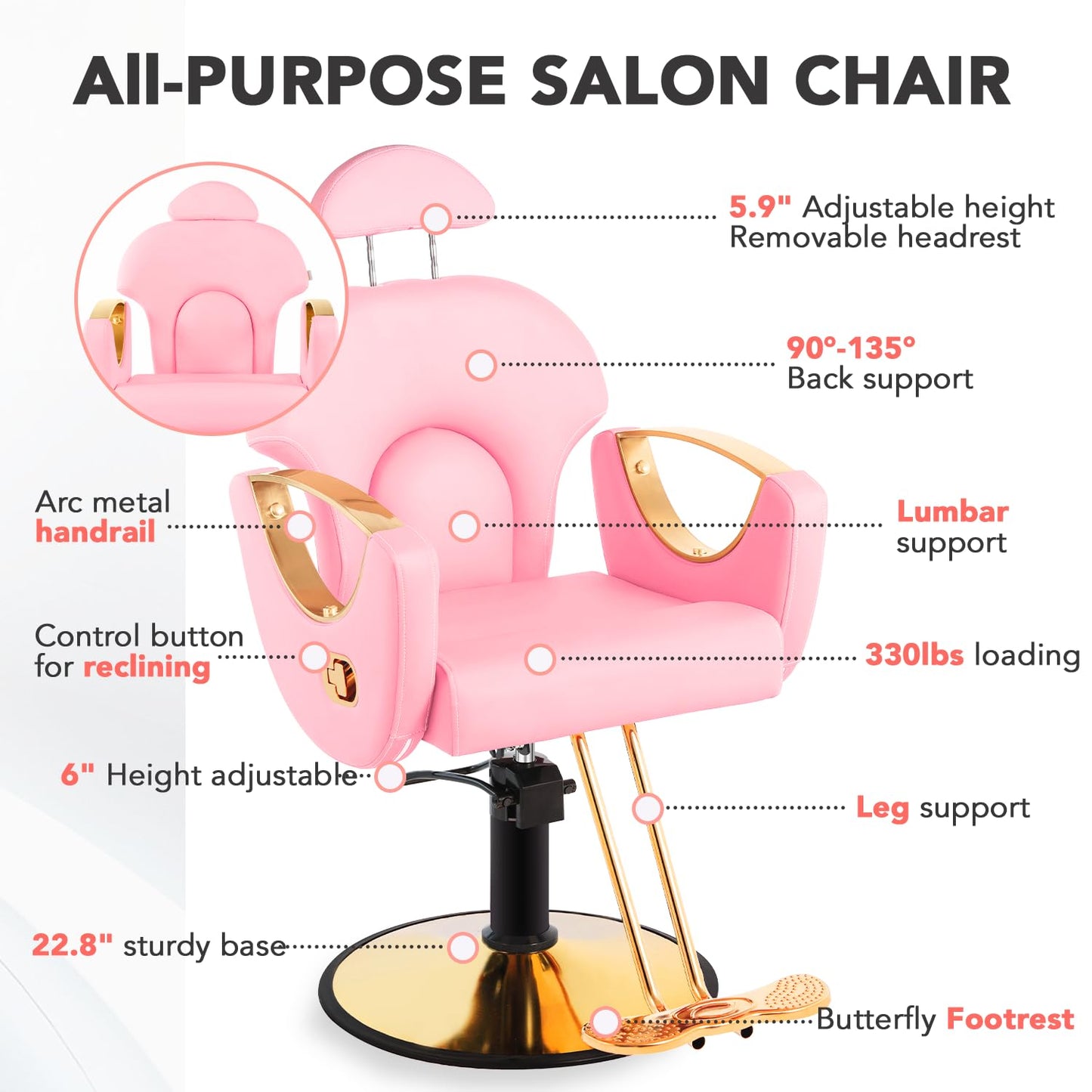 Salon Barber Chair, Reclining Salon Chair for Hair Stylist, Hair Chairs with Heavy Duty Hydraulic Pump, 360 Degrees Swivel Styling Braiding Hairdresser Chair for Home Barbershop, Light Pink Gold