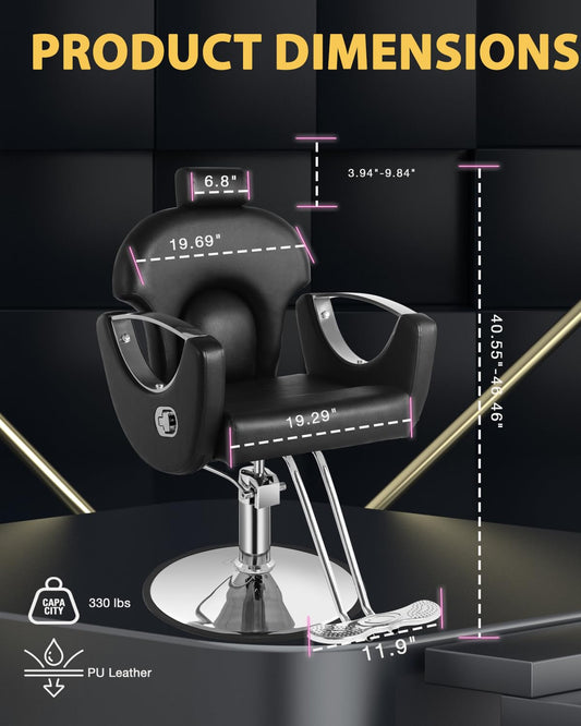 Salon Chair, Reclining Salon Chair for Hair Stylist, Barber Chair with Heavy Duty Hydraulic Pump, Hair Chairs Tattoo Braiding Beauty Spa Equipment, Cool Silver Black