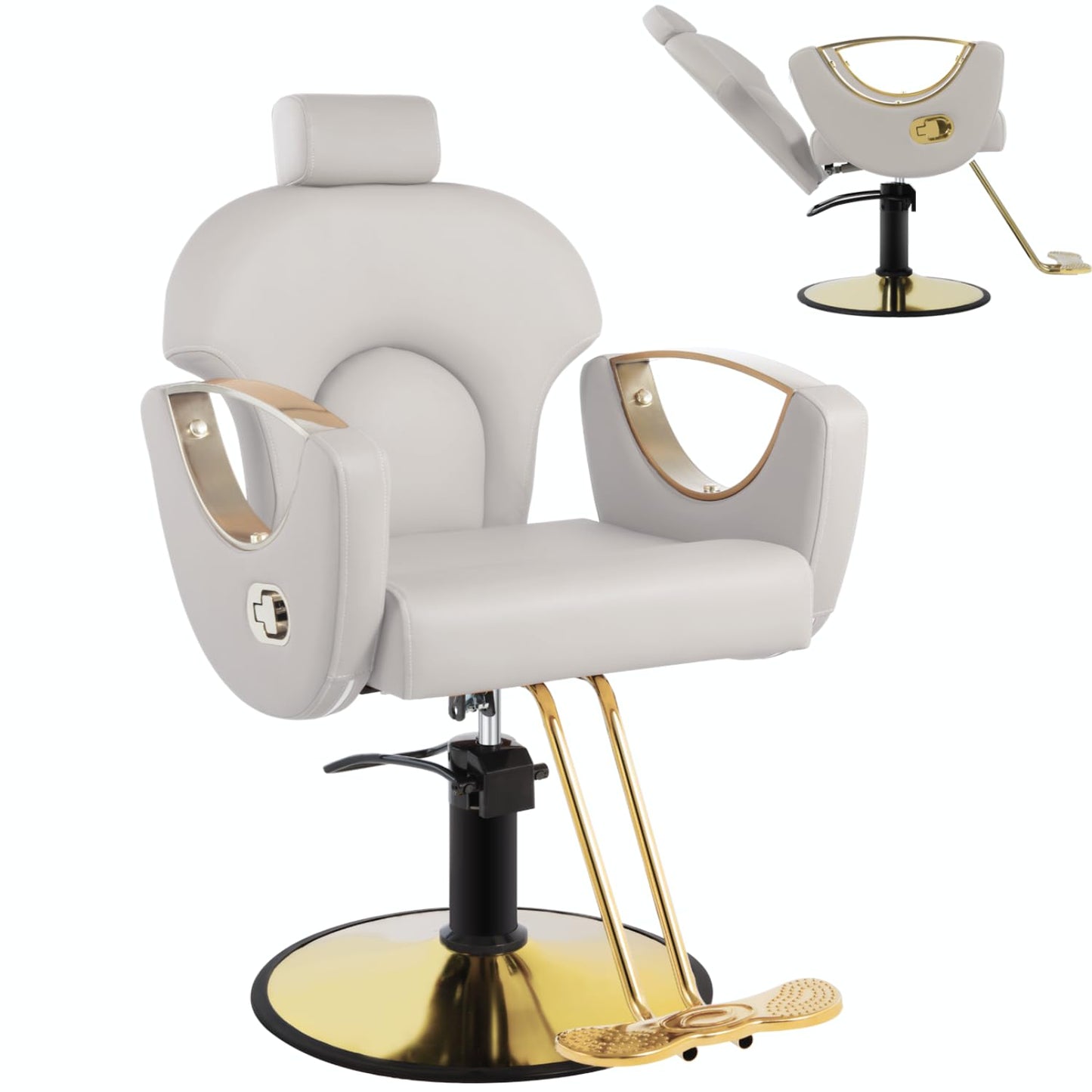 Salon Chair, Reclining Salon Chair for Hair Stylist, Barber Chair with Heavy Duty Hydraulic Pump, Hair Chairs Tattoo Braiding Beauty Spa Equipment, Light Gray Gold