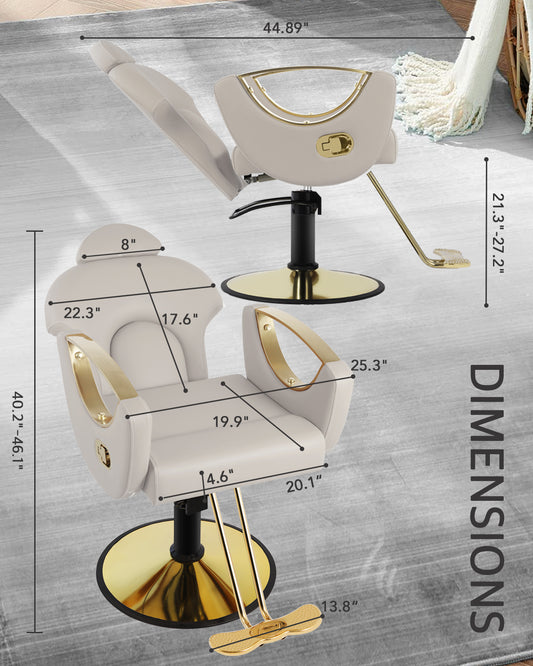 Salon Barber Chair, Reclining Salon Chair for Hair Stylist, Hair Salon Chair with Heavy Duty Hydraulic Pump, 360 Degrees Swivel Styling Braiding Hairdresser Chair for Home Barbershop, Gray Gold