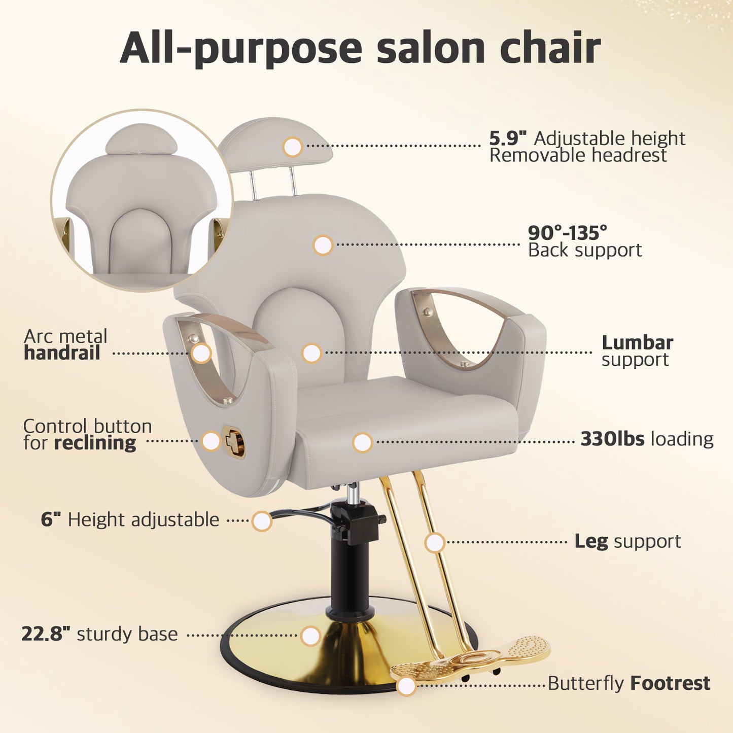 Salon Barber Chair, Reclining Salon Chair for Hair Stylist, Hair Salon Chair with Heavy Duty Hydraulic Pump, 360 Degrees Swivel Styling Braiding Hairdresser Chair for Home Barbershop, Gray Gold