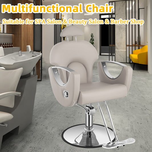 Salon Barber Chair, Reclining Salon Chair for Hair Stylist, Hair Chair with Heavy Duty Hydraulic Pump, 360 Degrees Swivel Styling Braiding Hairdresser Chairs for Home Barbershop, Light Gray Sliver