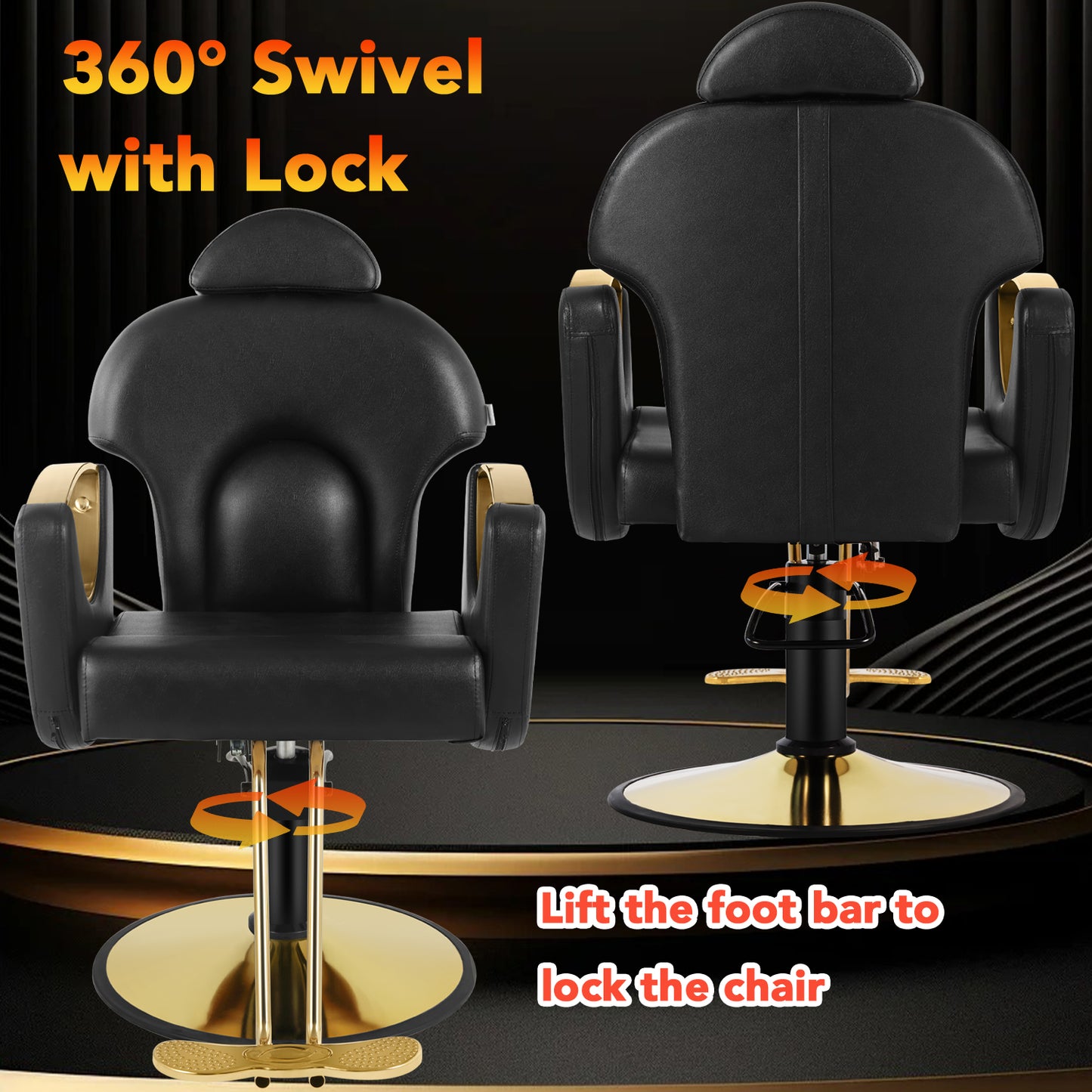 Salon Barber Chair, Reclining Salon Chair for Hair Stylist, Hair Salon Chair with Heavy Duty Hydraulic Pump, 360 Degrees Swivel Styling Braiding Hairdresser Chair for Home Barbershop, Black Gold