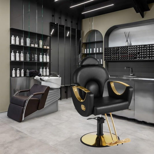 Salon Barber Chair, Reclining Salon Chair for Hair Stylist, Hair Salon Chair with Heavy Duty Hydraulic Pump, 360 Degrees Swivel Styling Braiding Hairdresser Chair for Home Barbershop, Black Gold