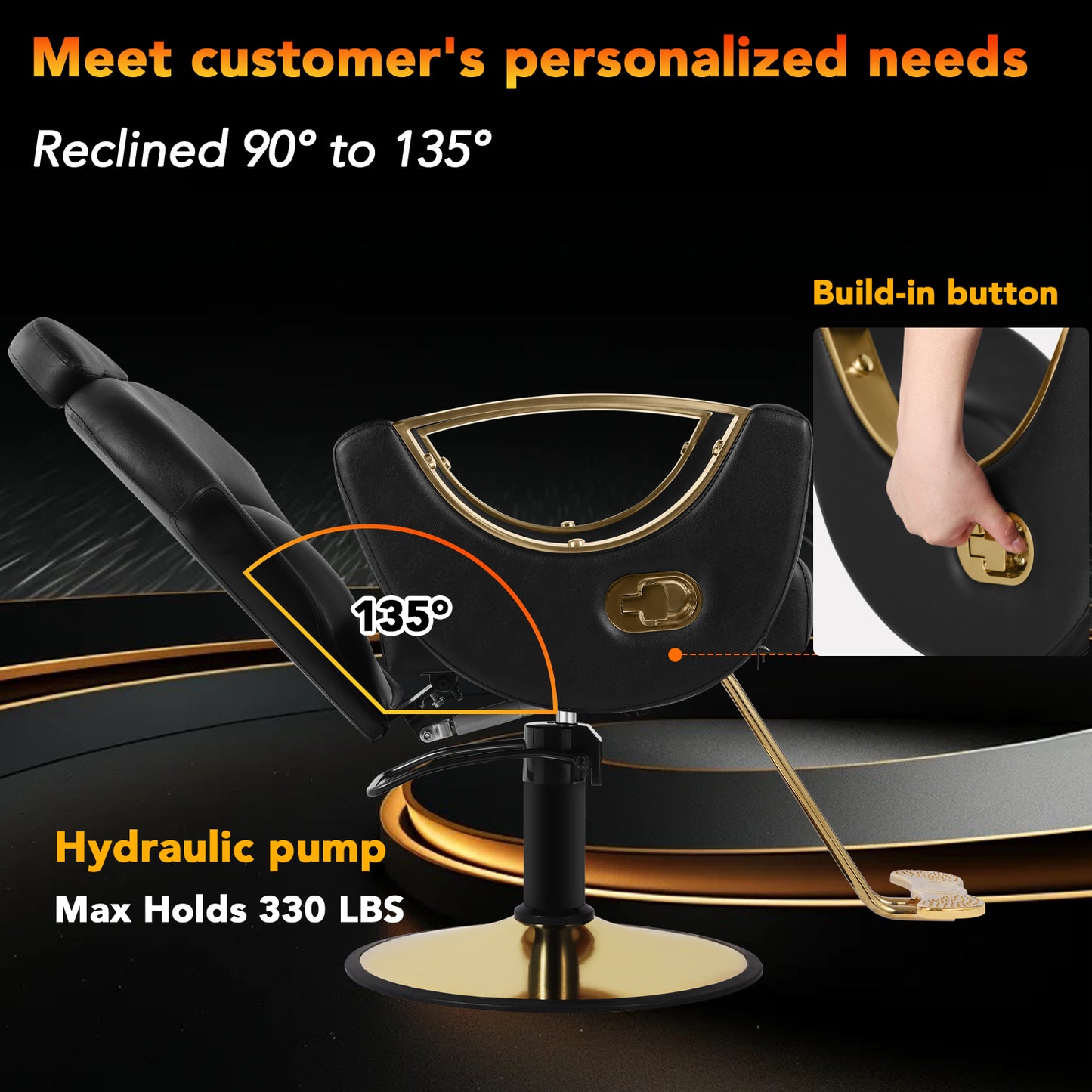 Salon Barber Chair, Reclining Salon Chair for Hair Stylist, Hair Salon Chair with Heavy Duty Hydraulic Pump, 360 Degrees Swivel Styling Braiding Hairdresser Chair for Home Barbershop, Black Gold