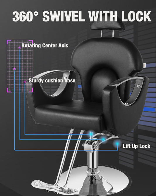 Salon Barber Chair, Reclining Salon Chair for Hair Stylist, Hair Chair with Heavy Duty Hydraulic Pump, 360 Degrees Swivel Styling Braiding Hairdresser Chairs for Home Barbershop, Pure Black