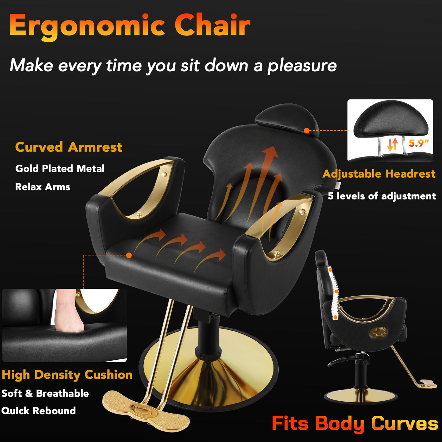 Salon Barber Chair, Reclining Salon Chair for Hair Stylist, Hair Salon Chair with Heavy Duty Hydraulic Pump, 360 Degrees Swivel Styling Braiding Hairdresser Chair for Home Barbershop, Black Gold