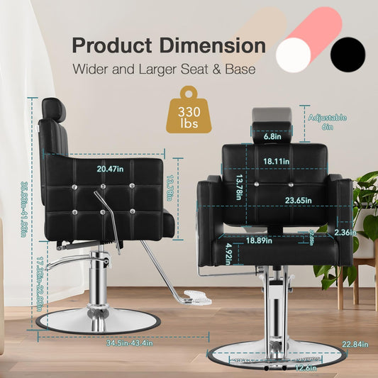 Black Reclining Salon Chair, Barber Chairs for Barbershop Home, Salon Chair for Hair Stylist, Styling Chairs Heavy Duty Hydraulic Pump, Adjustable Height & Removable Headrest, Crystal Button