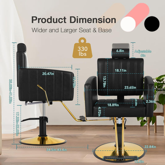 Black Salon Chair for Hair Stylist, 90°-135° Reclining Barber Chair for Barbershop with Hydraulic Pump, 360° Swivel, Multi-Function Hair Styling Shampoo Chair Tattoo Chair Braiding Chair