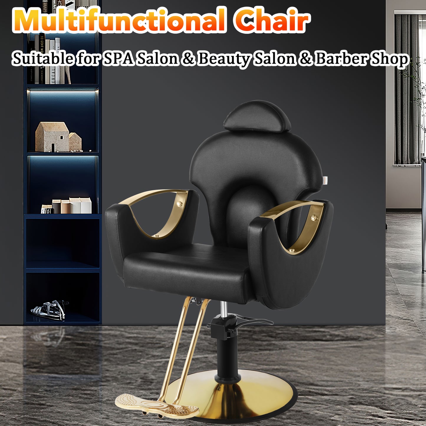 Salon Barber Chair, Reclining Salon Chair for Hair Stylist, Hair Salon Chair with Heavy Duty Hydraulic Pump, 360 Degrees Swivel Styling Braiding Hairdresser Chair for Home Barbershop, Black Gold