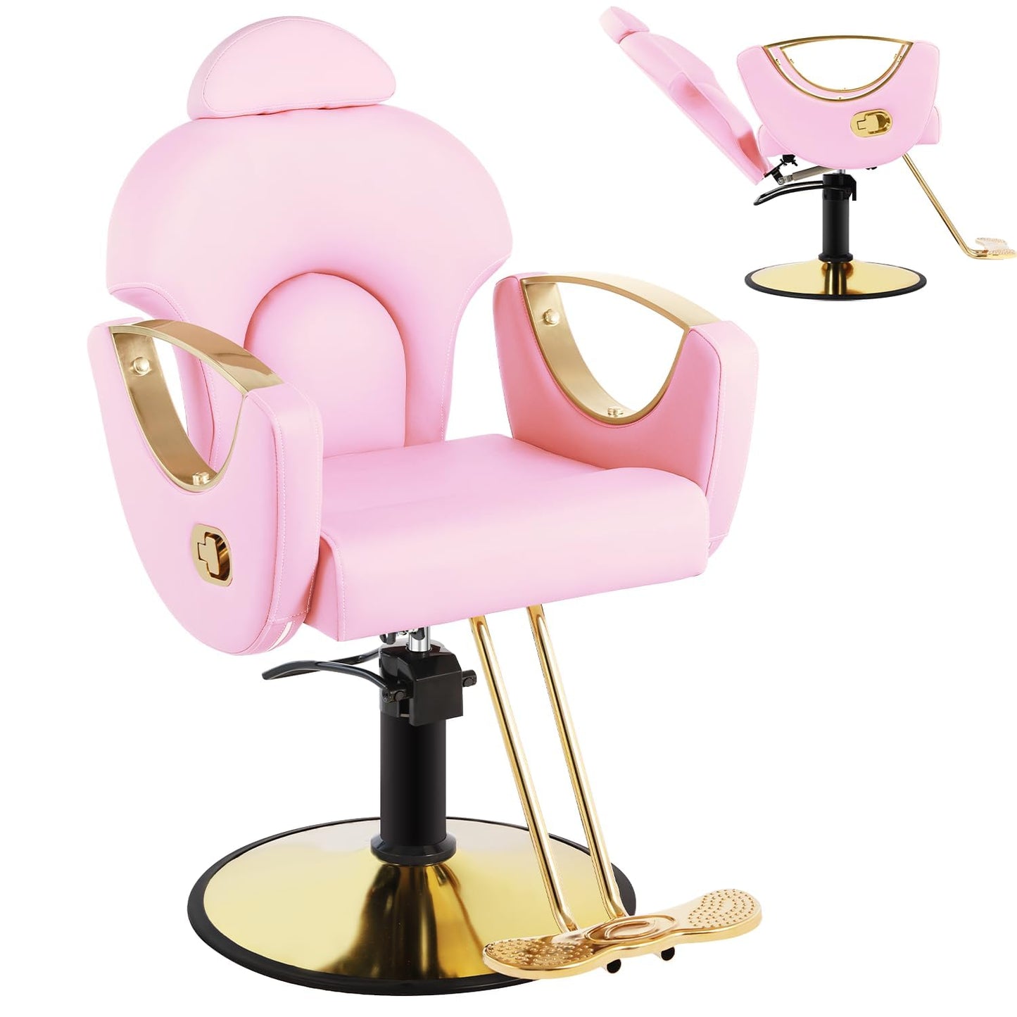 Salon Barber Chair, Reclining Salon Chair for Hair Stylist, Hair Chairs with Heavy Duty Hydraulic Pump, 360 Degrees Swivel Styling Braiding Hairdresser Chair for Home Barbershop, Light Pink Gold
