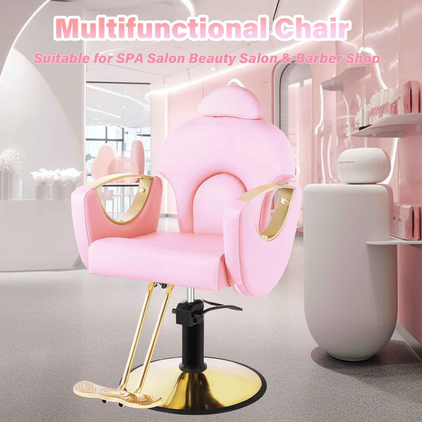 Salon Barber Chair, Reclining Salon Chair for Hair Stylist, Hair Chairs with Heavy Duty Hydraulic Pump, 360 Degrees Swivel Styling Braiding Hairdresser Chair for Home Barbershop, Light Pink Gold