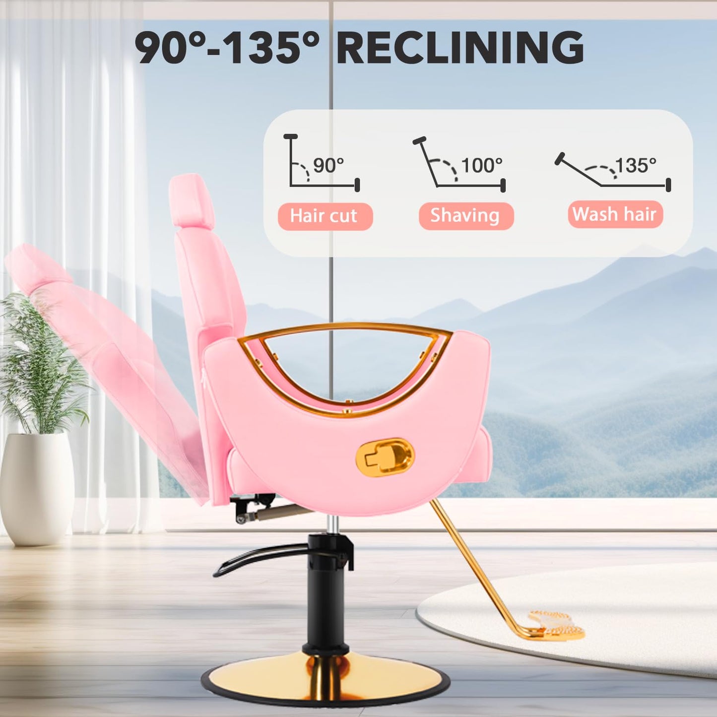 Salon Barber Chair, Reclining Salon Chair for Hair Stylist, Hair Chairs with Heavy Duty Hydraulic Pump, 360 Degrees Swivel Styling Braiding Hairdresser Chair for Home Barbershop, Light Pink Gold