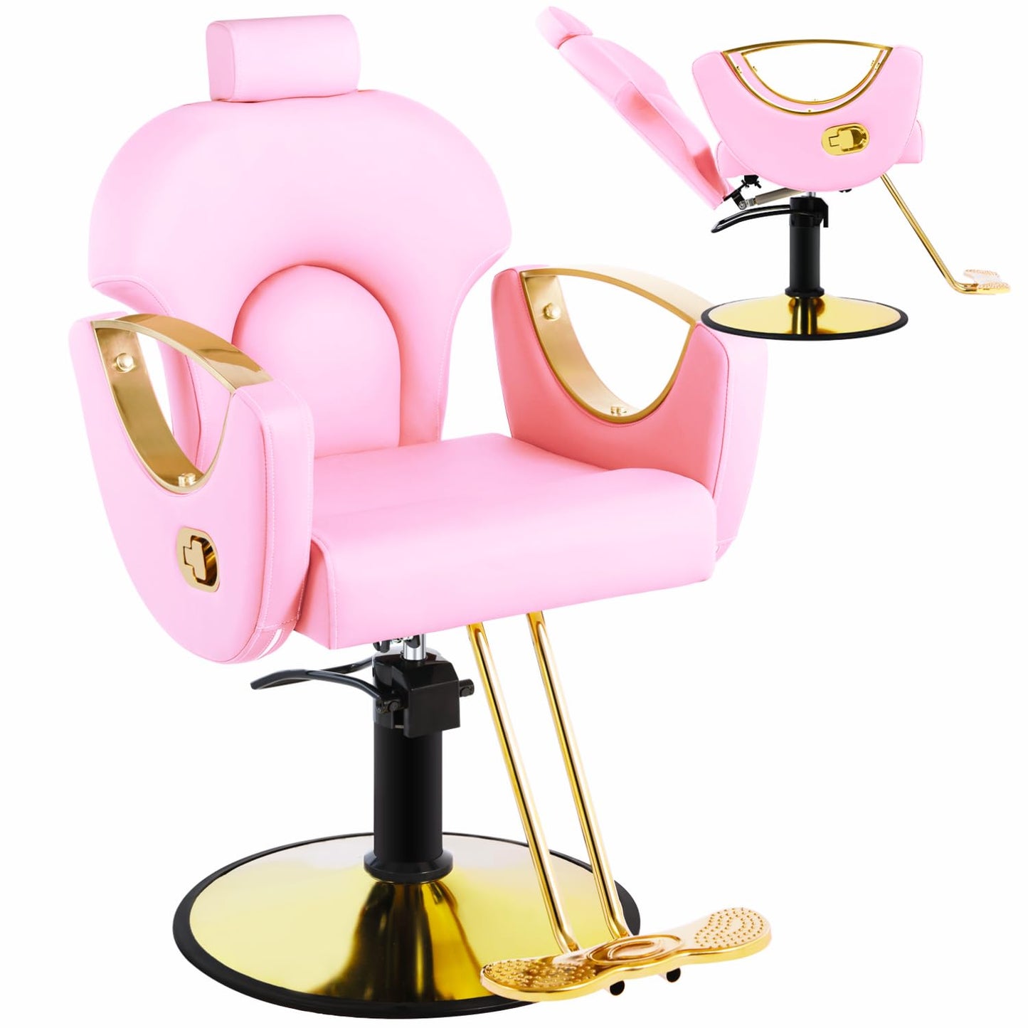 Salon Chair, Reclining Salon Chair for Hair Stylist, Barber Chair with Heavy Duty Hydraulic Pump, Tattoo Braiding Beauty Spa Equipment, Pink