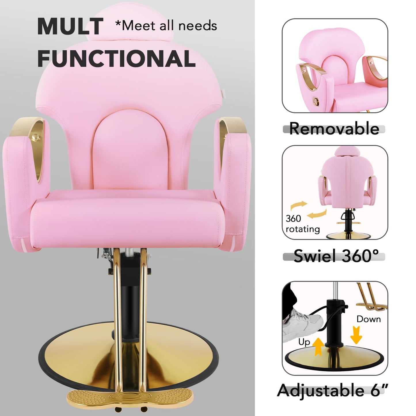 Salon Chair, Reclining Salon Chair for Hair Stylist, Barber Chair with Heavy Duty Hydraulic Pump, Tattoo Braiding Beauty Spa Equipment, Pink