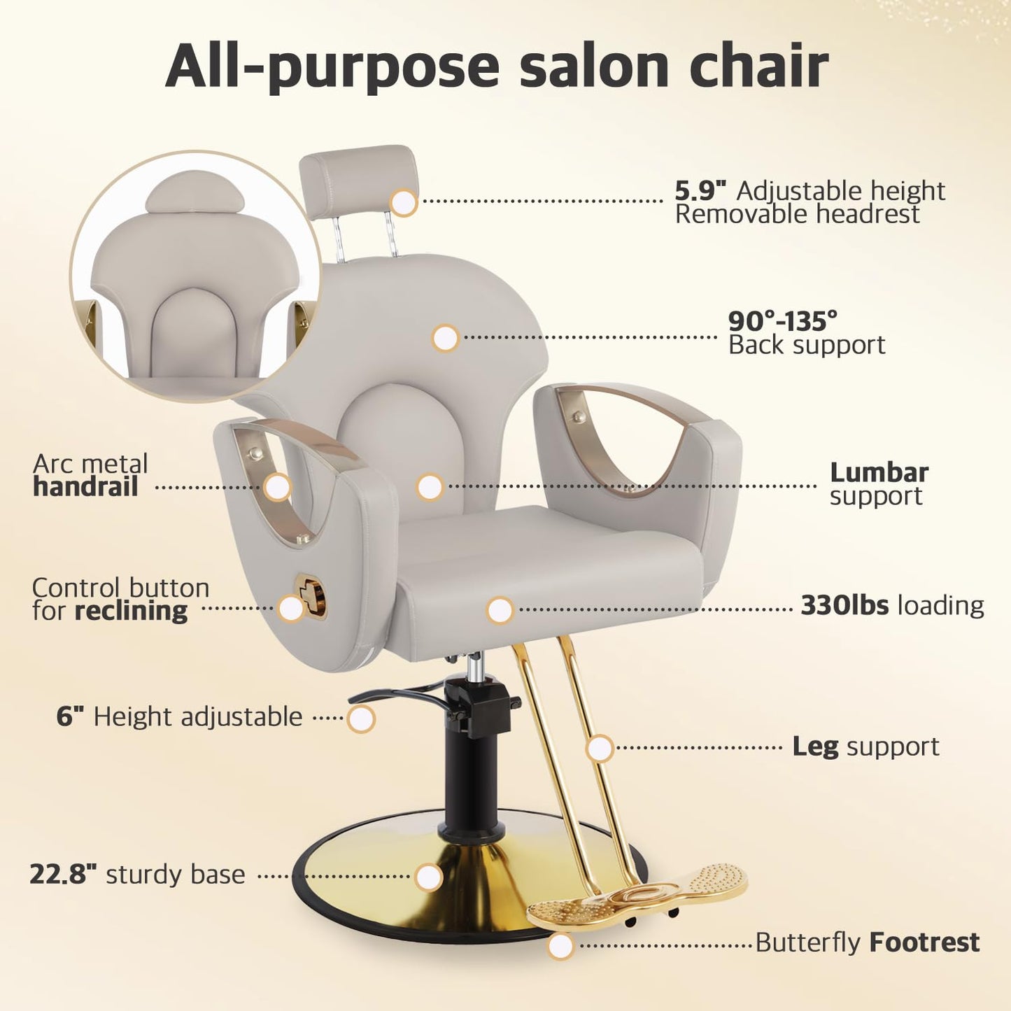 Reclining Salon Chair for Hair Stylist, Barber Chair with Heavy Duty Hydraulic Pump, Hair Salon Tattoo Braiding Chair Beauty Spa Equipment, Silver Taupe