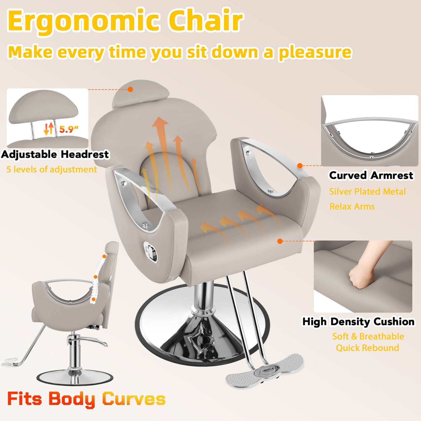 Salon Barber Chair, Reclining Salon Chair for Hair Stylist, Hair Chair with Heavy Duty Hydraulic Pump, 360 Degrees Swivel Styling Braiding Hairdresser Chairs for Home Barbershop, Light Gray Sliver