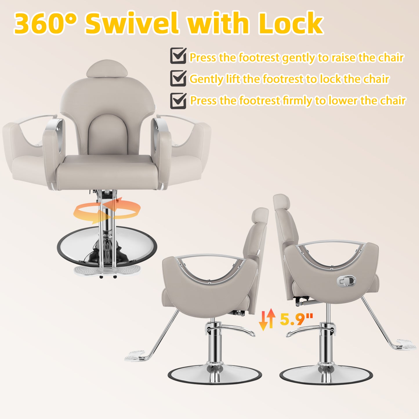 Salon Barber Chair, Reclining Salon Chair for Hair Stylist, Hair Chair with Heavy Duty Hydraulic Pump, 360 Degrees Swivel Styling Braiding Hairdresser Chairs for Home Barbershop, Light Gray Sliver