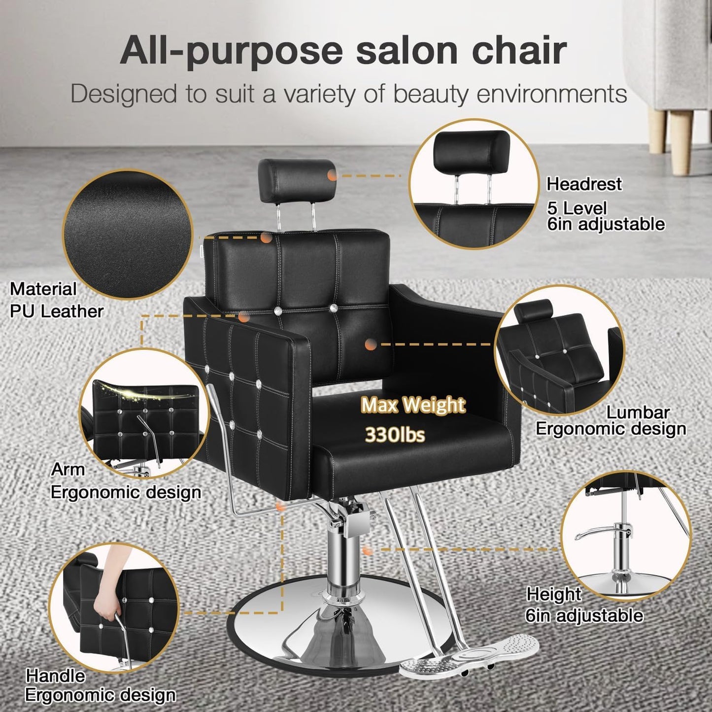 Black Reclining Salon Chair, Barber Chairs for Barbershop Home, Salon Chair for Hair Stylist, Styling Chairs Heavy Duty Hydraulic Pump, Adjustable Height & Removable Headrest, Crystal Button