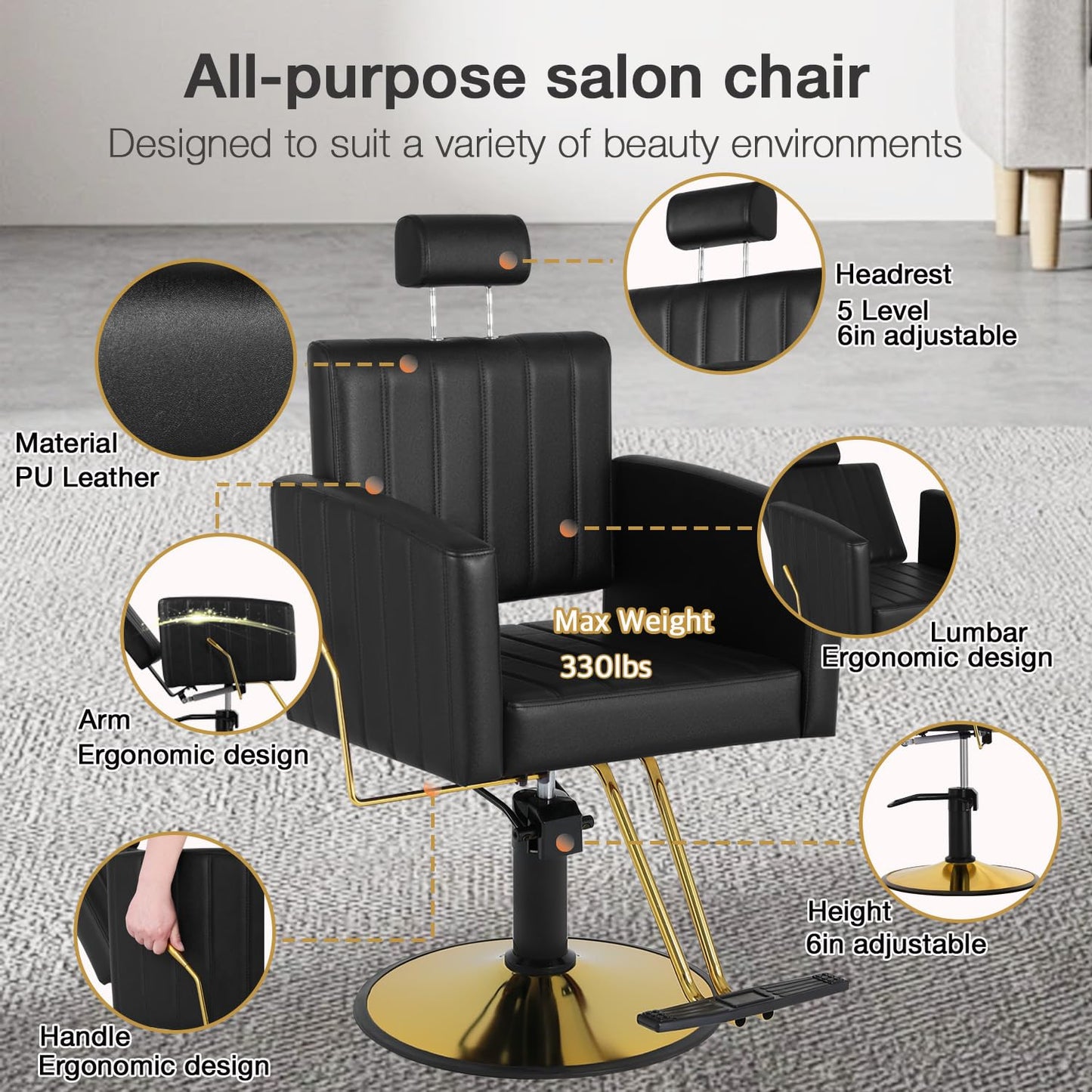 Black Salon Chair for Hair Stylist, 90°-135° Reclining Barber Chair for Barbershop with Hydraulic Pump, 360° Swivel, Multi-Function Hair Styling Shampoo Chair Tattoo Chair Braiding Chair